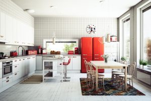 modern kitchen featuring bold colors, natural wood, and red kitchen appliances